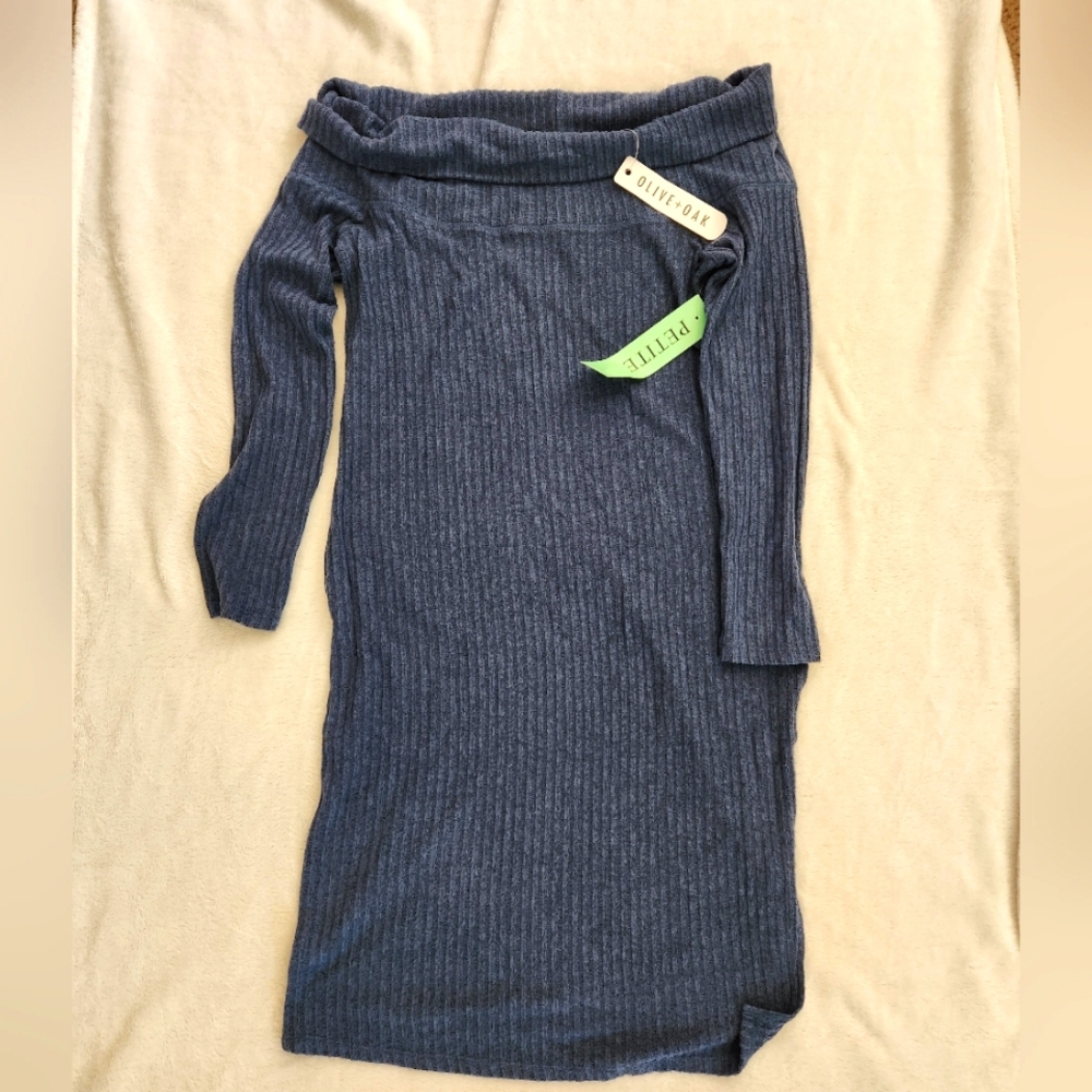NWT! Olive & Oak Blue Off the Shoulder Ribbed Long Sleeve Dress. Petite Large.